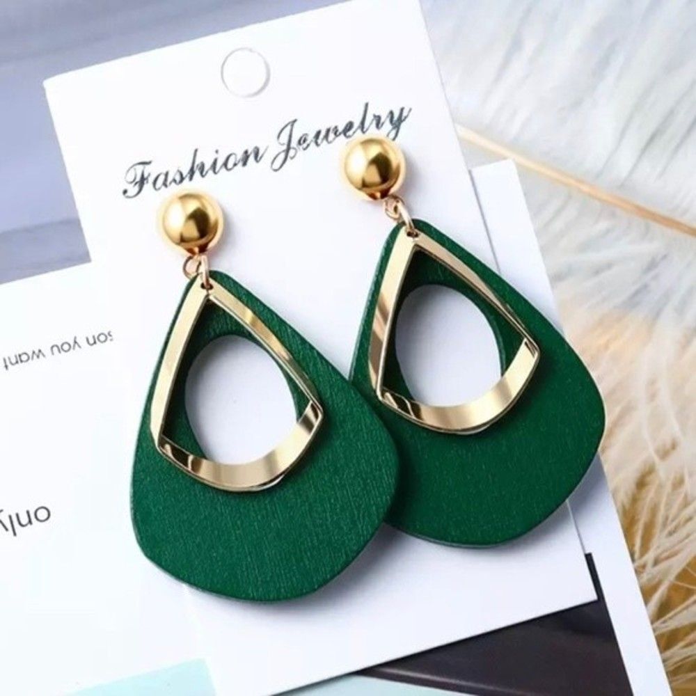 Green & Gold Wood Drop Earrings